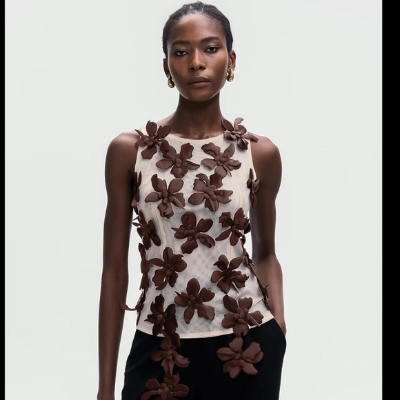 Floral Embellished Sleeveless Top - Cream and Brown - Picture 8 of 8